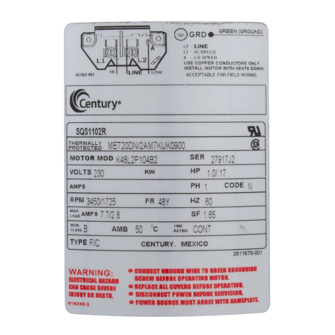 Century SQS1102R Square Flange 1 HP 2-Speed Pool Pump Motor - Label