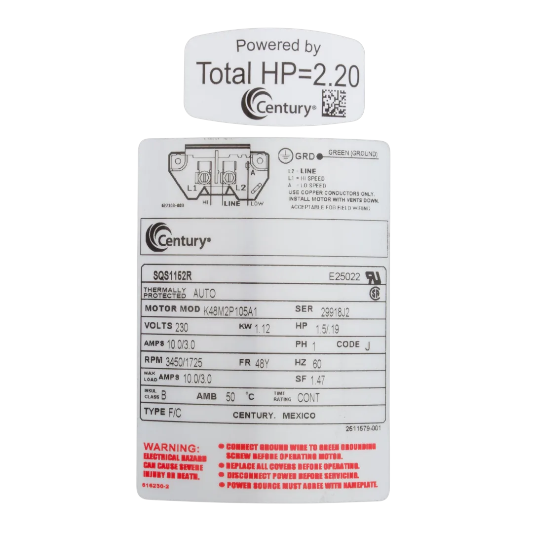 Century SQS1152R 1.5 HP 2-Speed Square Flange Pool Pump Motor - Label