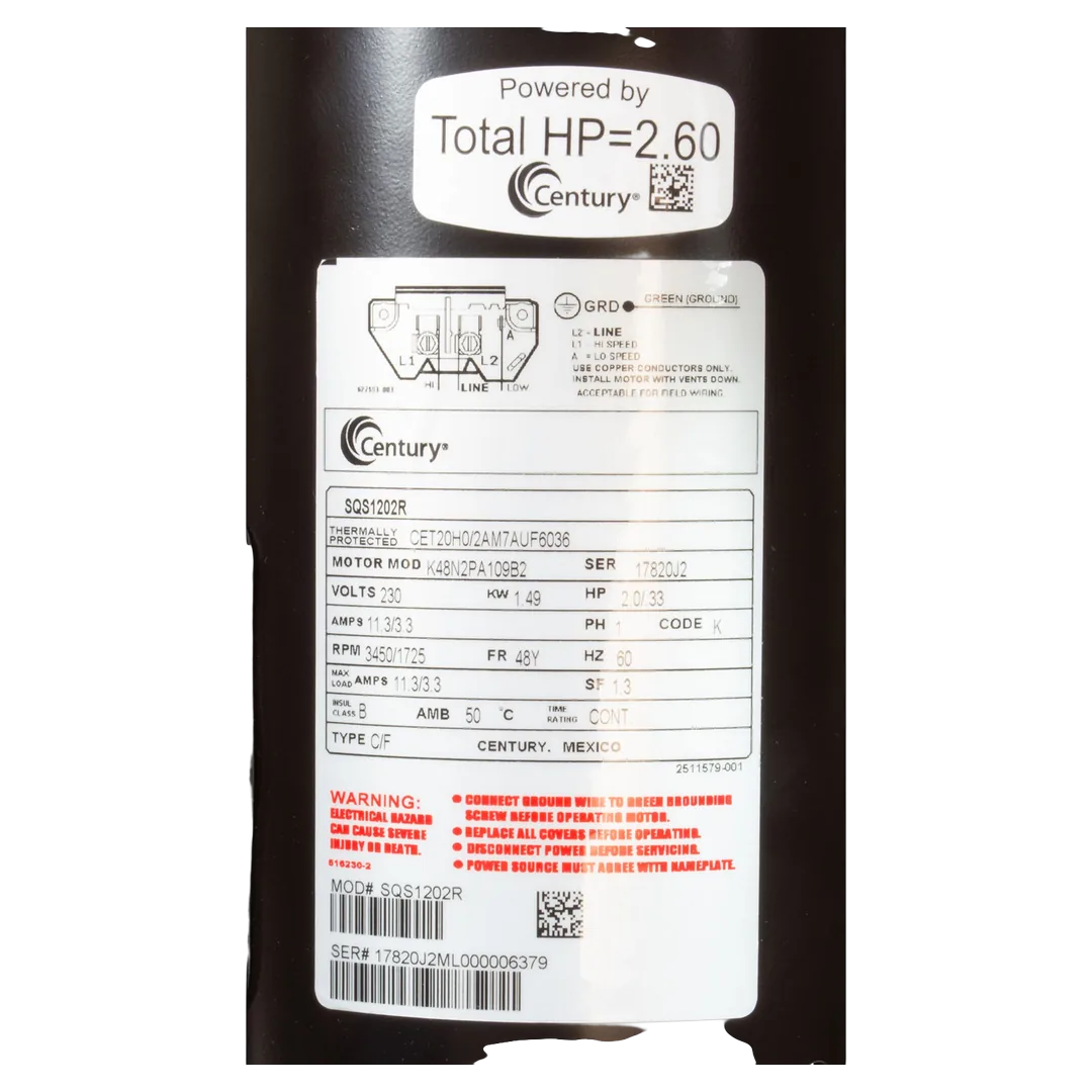 Century SQS1202R Square Flange 2 HP Dual-Speed Pool Pump Motor - Label