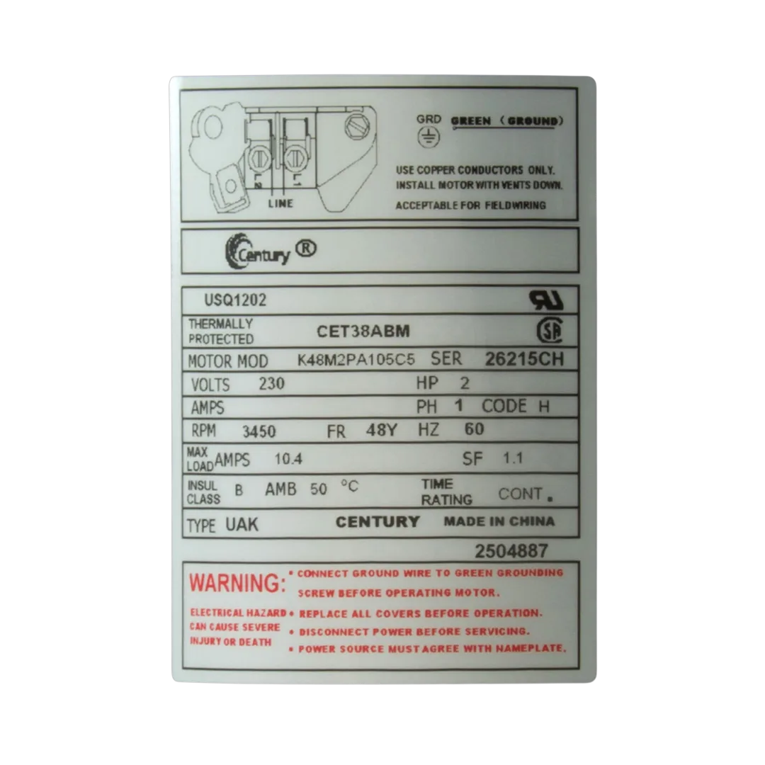 Century USQ1202 2 HP Square Flange 48Y Pool Pump Motor - Label