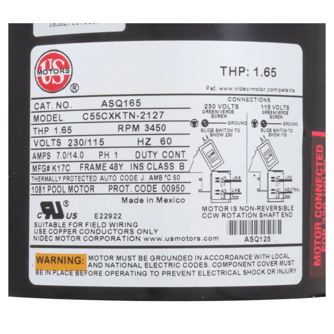 U.S. Motors ASQ165 Aqua-Shield 48Y Square Flange Pool Pump Motor - Label