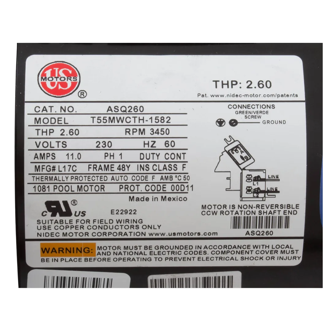 US Motors ASQ260 Aqua-Shield Square Flange Pool Pump Motor - Label