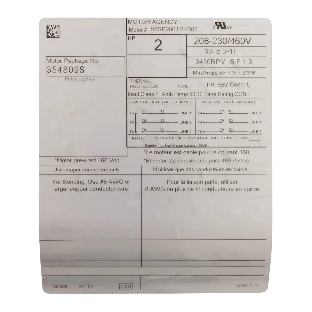 Pentair 354809S Pump Motor - Label
