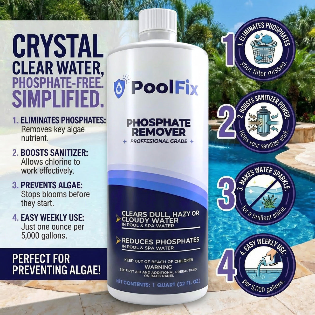 PoolFix Phosphate Remover – Reduces Phosphates for Clear Pool Water (1 Qt)