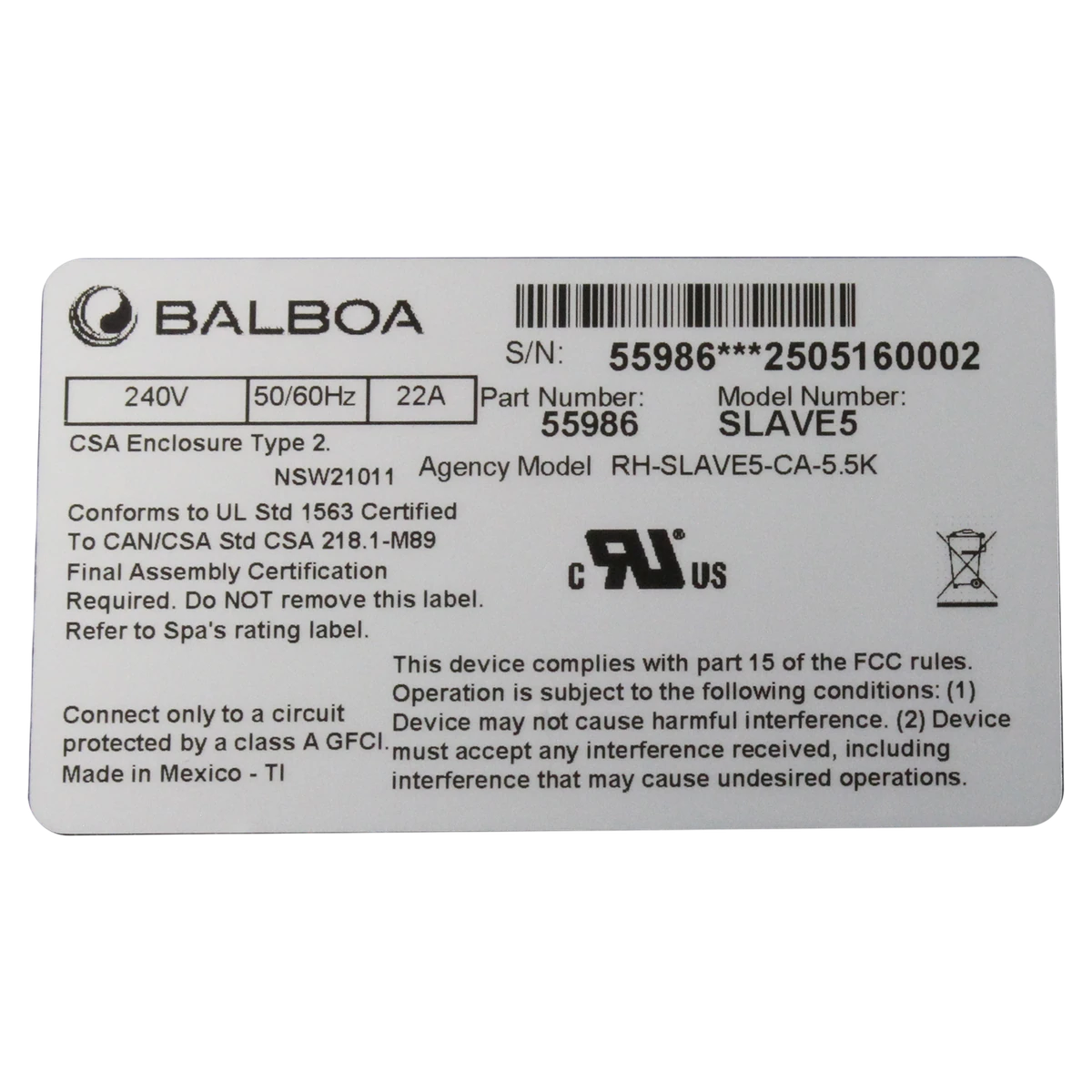 Balboa Water Group System Heater Slave 5.5kW Titanium (55986) — product label