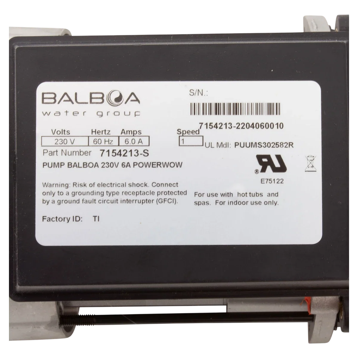 Balboa Water Group Vico Ultimax GE Spa Pump (7154213-S) — product label