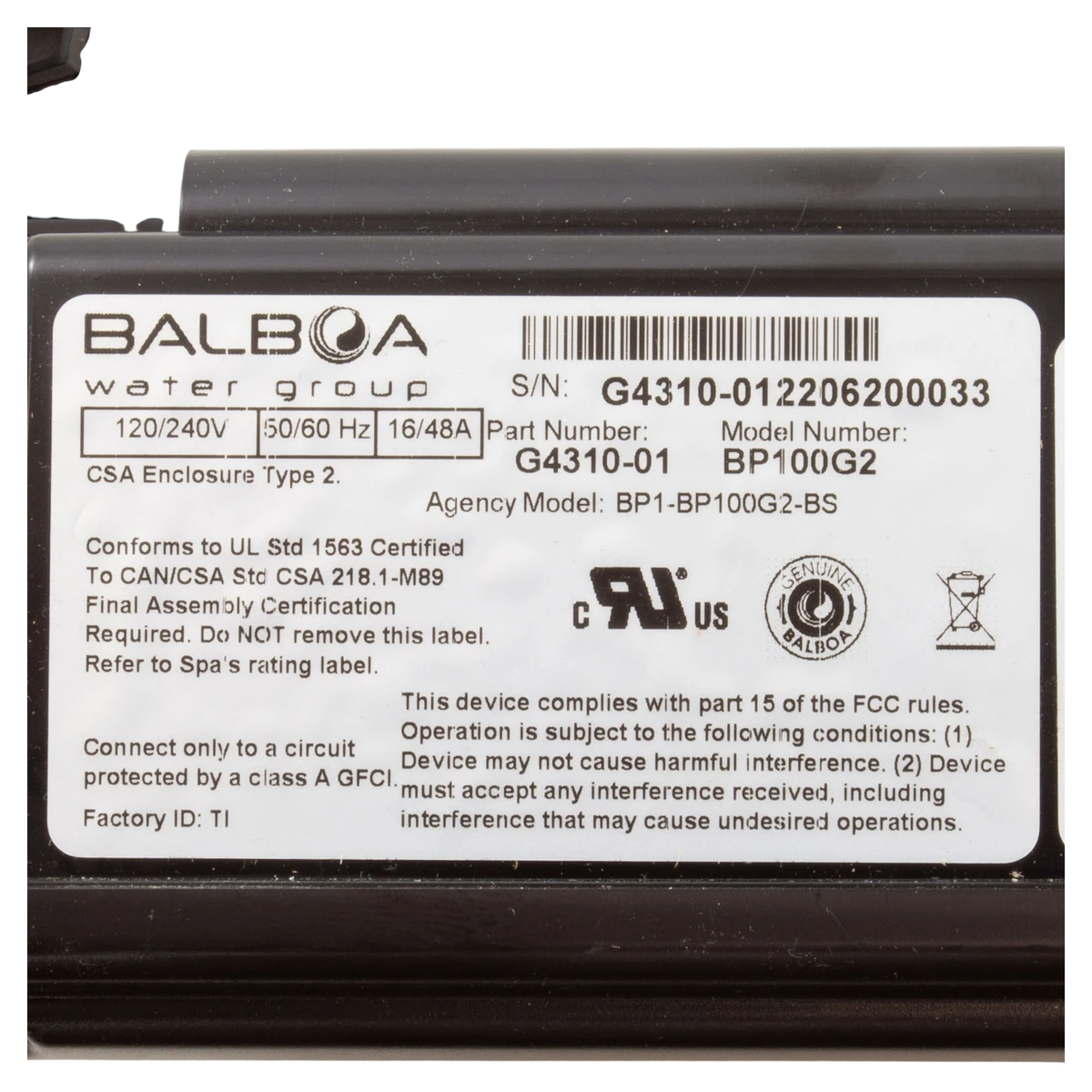 Balboa Water Group BP100G2 Control Pack P1 P2 4.0kW Heater (G4310-02) — product label