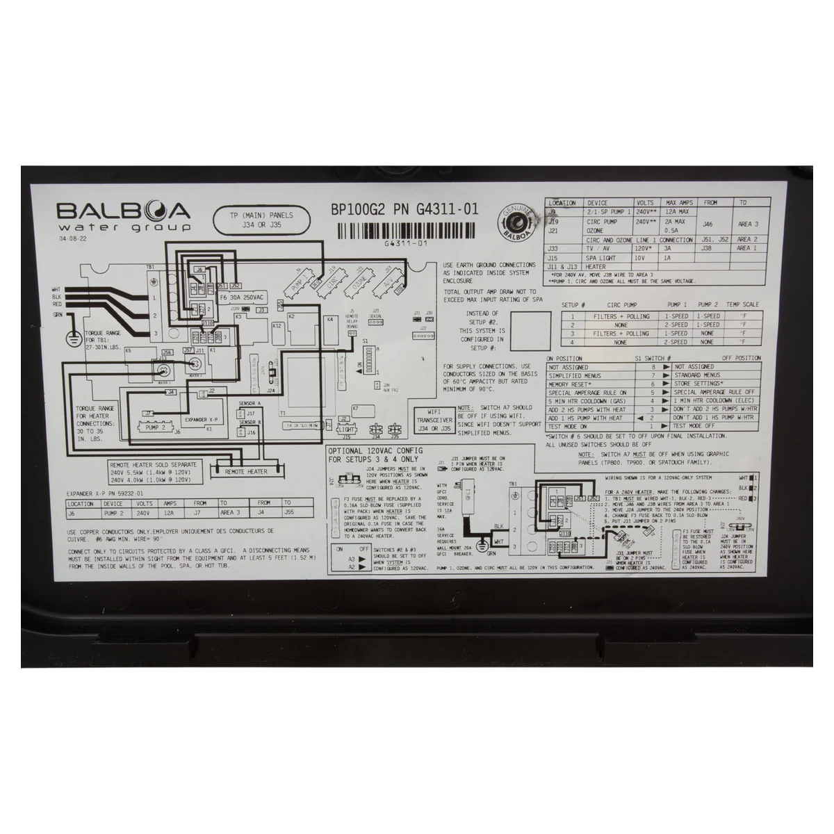 Balboa Water Group BP100G2 Control 4.0kW Remote Heater TP200T (G6412-03) — schematic view