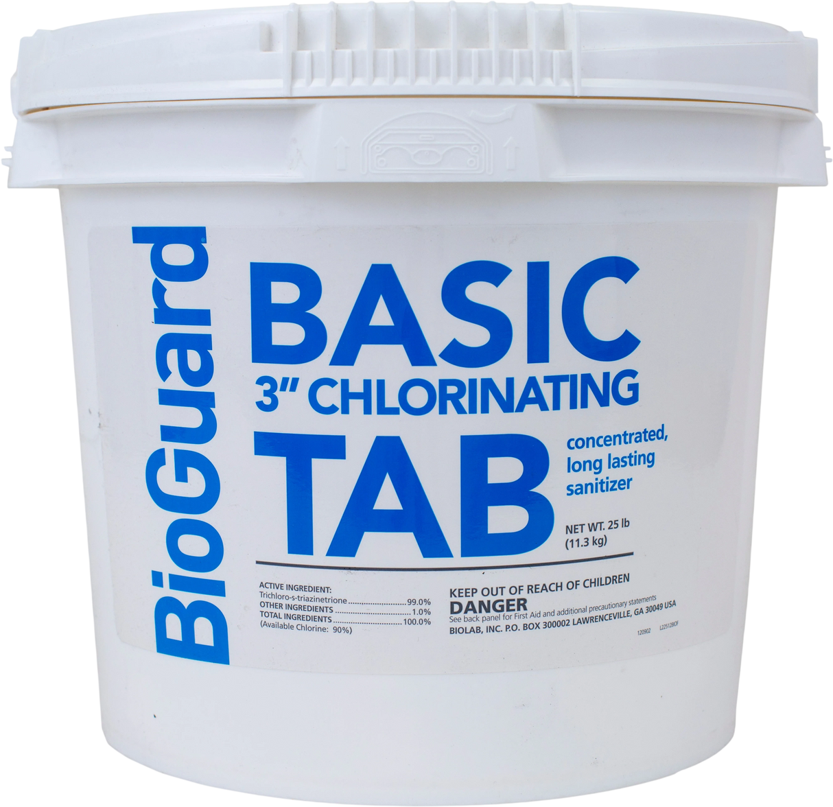 BioGuard Basic 3-inch chlorinating tablets in a 25 lb white bucket – stabilized trichlor pool sanitizer