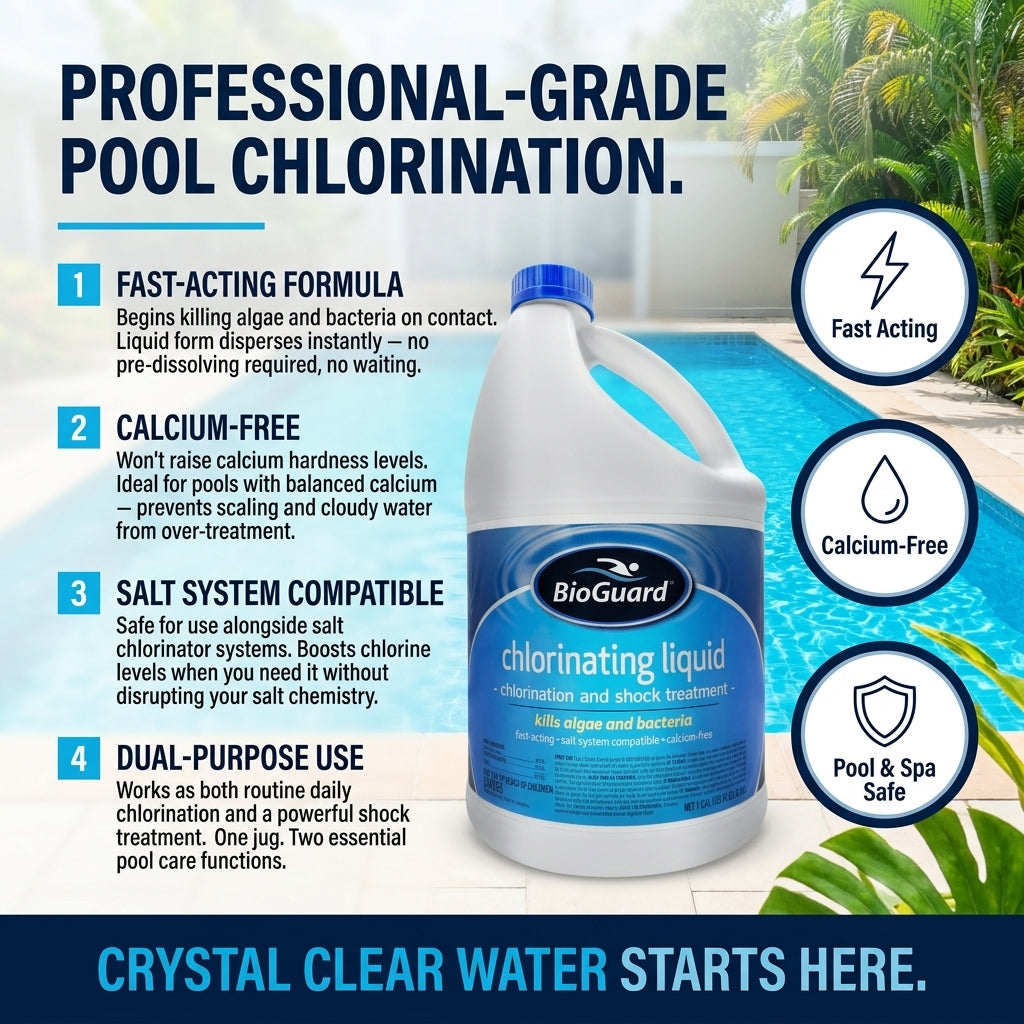BioGuard chlorinating liquid bottle with features listed on a pool background
