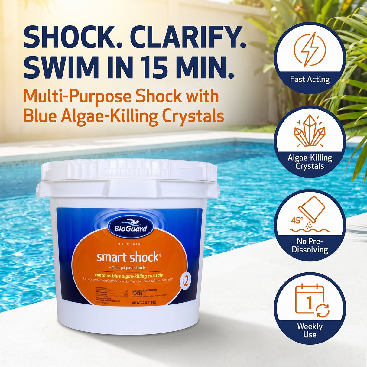 BioGuard smart shock pool treatment with pool in background