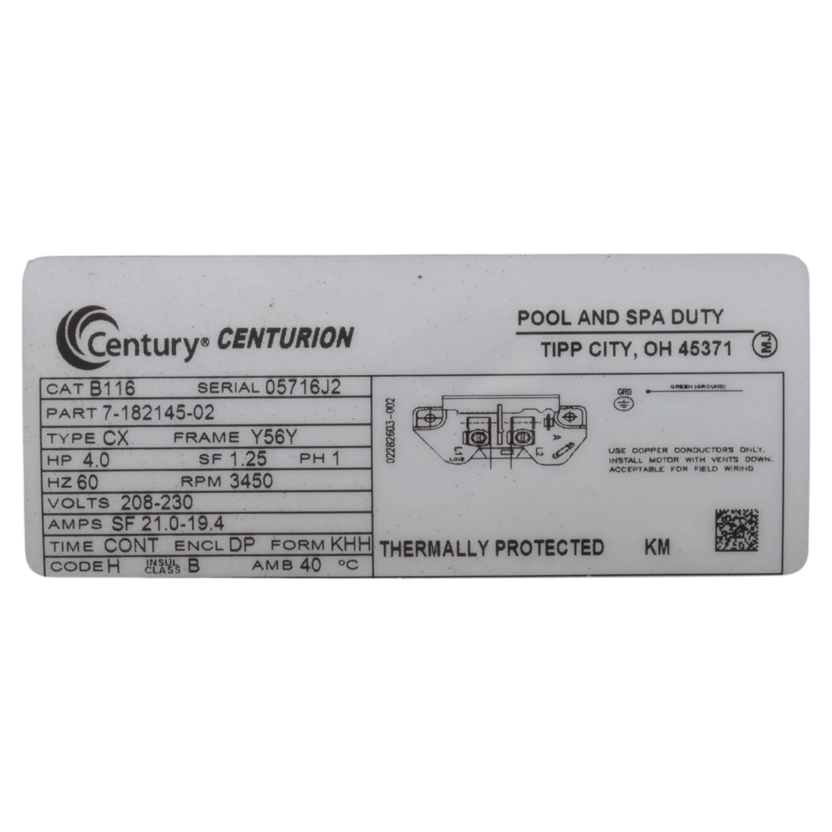 Century Centurion 4 HP Y56Y C-Face Pump Motor (B116) — product label