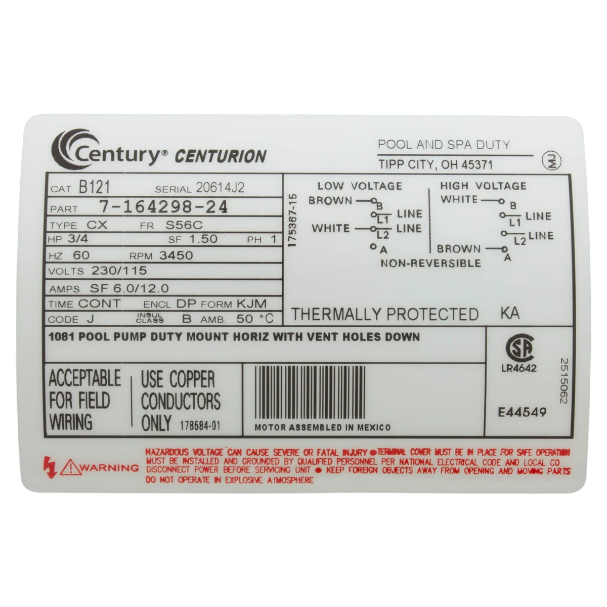 Century 3/4 HP 56C Pool Pump Motor (B121) — product label