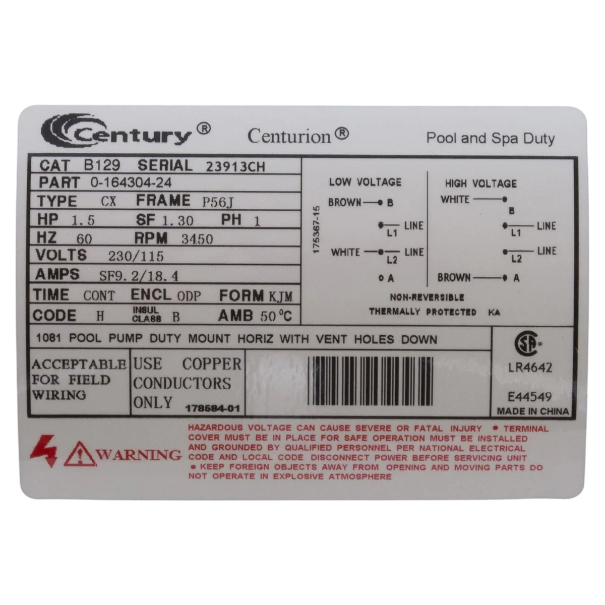 Century 1.5HP Pool Pump Motor 56J Frame (B129) — product label
