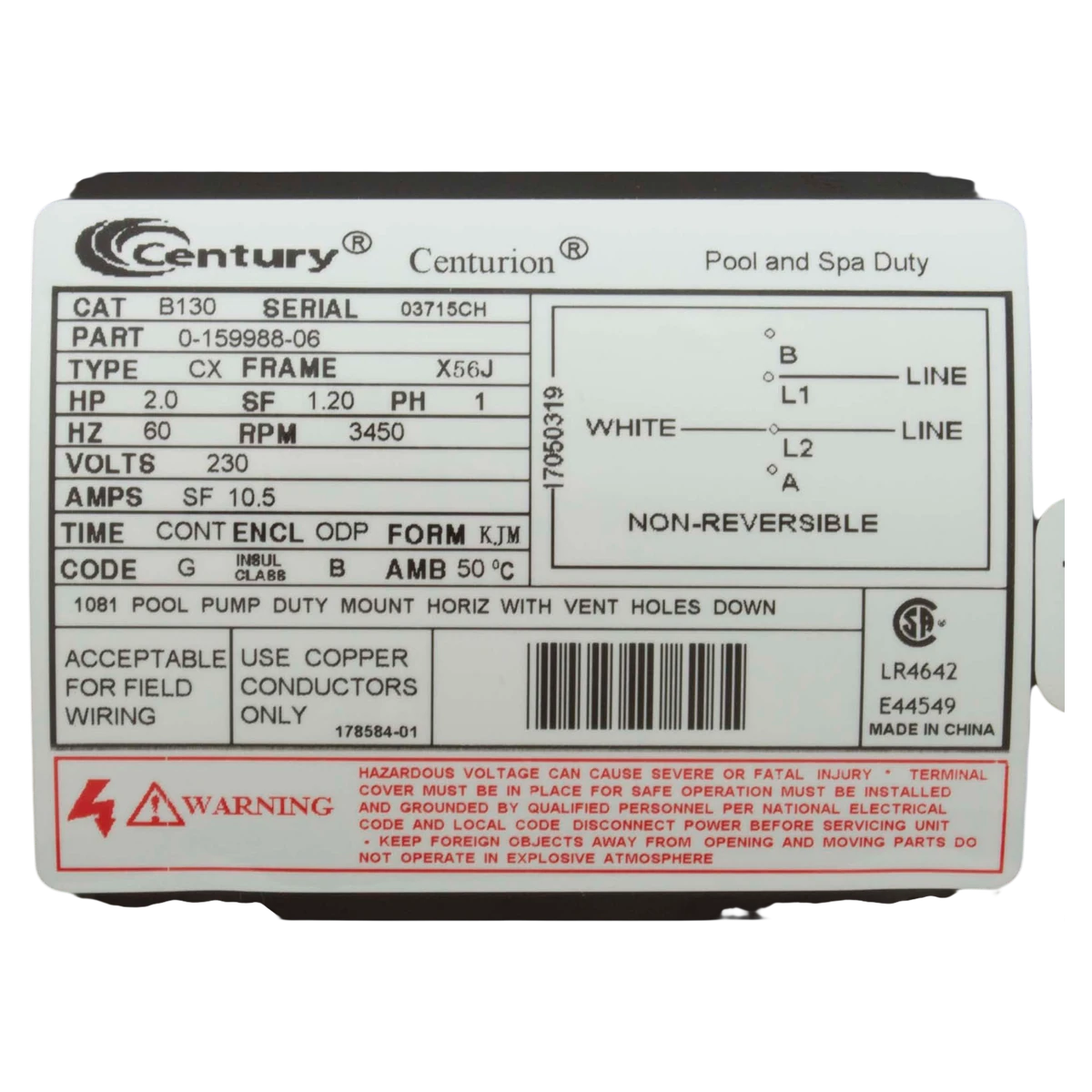 Century Threaded Shaft Pool Pump Motor 56J 2HP (B130) — product label