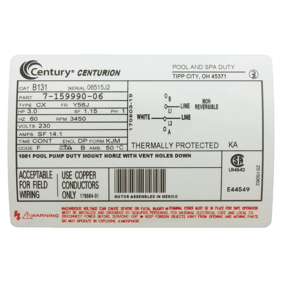 Century Centurion 3 HP Y56J Round Pump Motor (B131) — product label