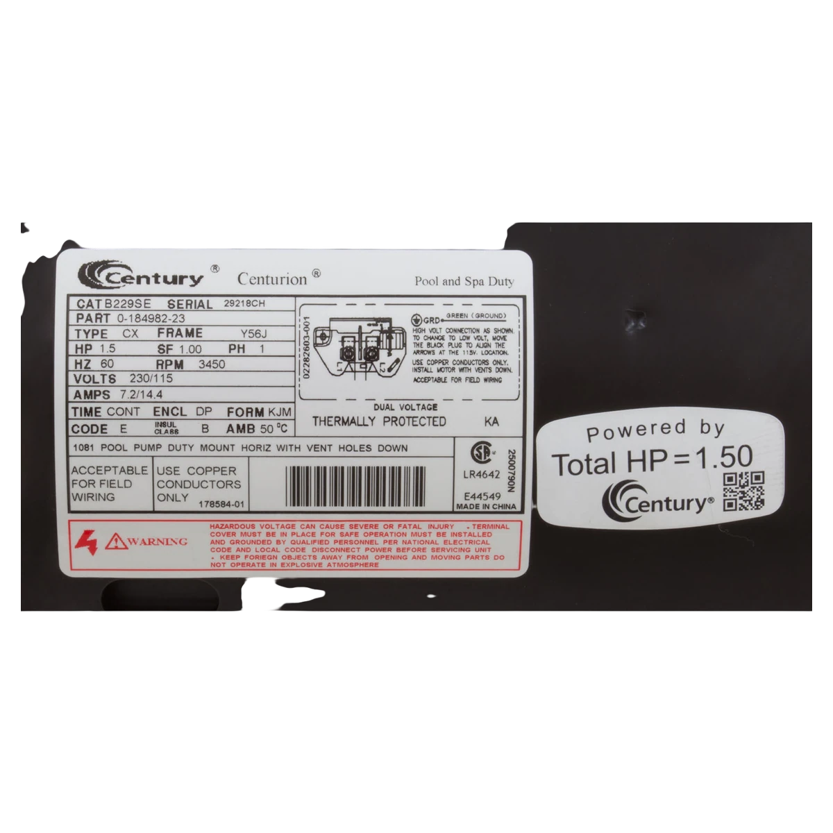 Century 1.5HP Pool Pump Motor (B229SE) — product label