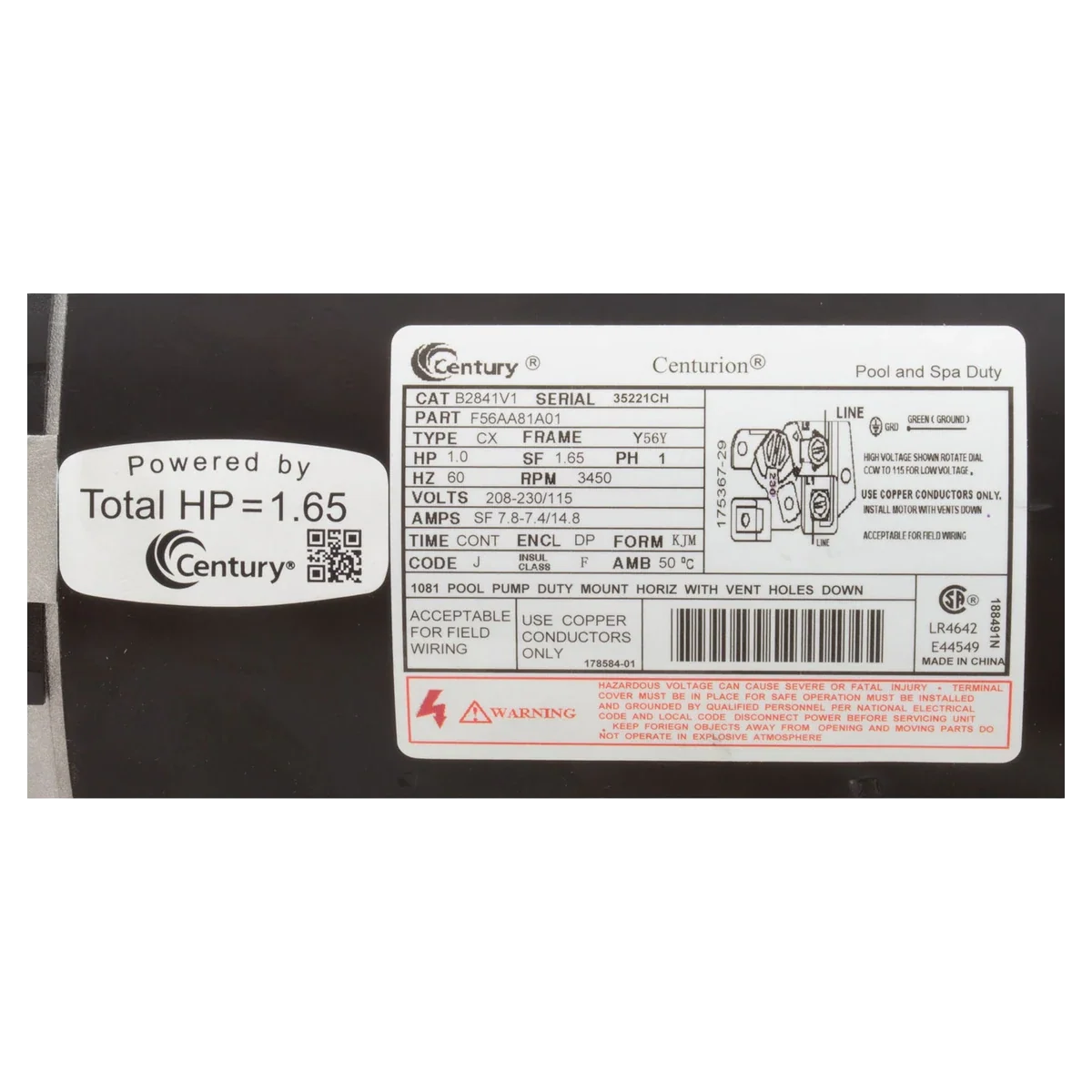 Century 1 HP Square Flange 56Y Pump Motor (B2841V1) — product label