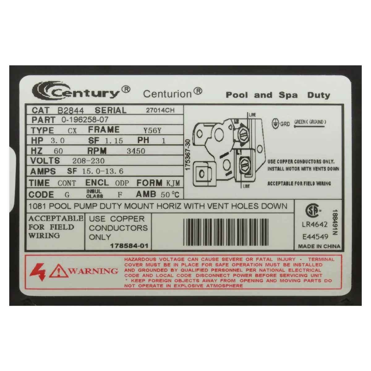Century Centurion 3 HP Square Flange Pump Motor (B2844) — product label