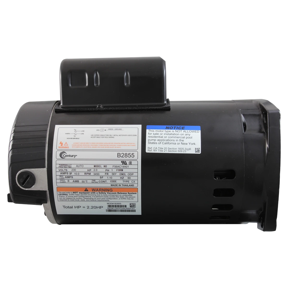 Century 2HP Up-Rated Pool Pump Motor 56Y (B2855) — side view
