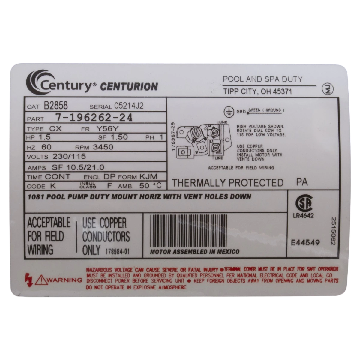 Century 1.5HP Full-Rate Pool Pump Motor (B2858) — product label