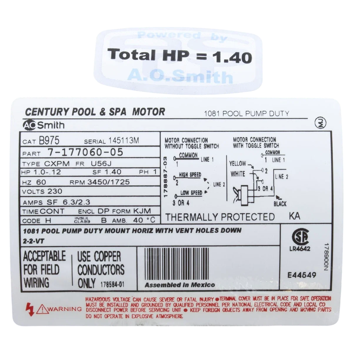 Century Pump Motor 1HP 2-Speed Y56J Frame (B2975) — product label