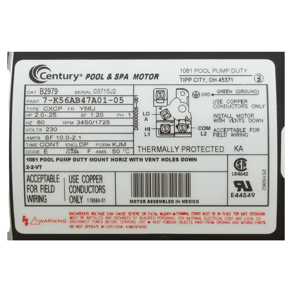 Century 2HP 2-Speed 56J Pool Pump Motor (B2979) — product label