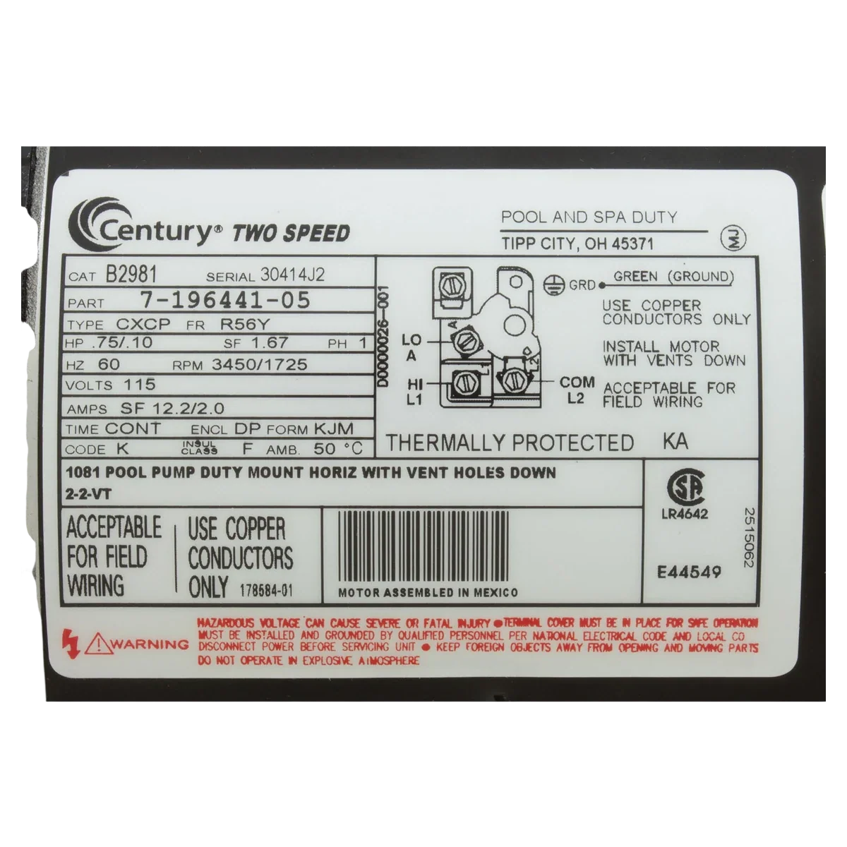 Century Centurion 3/4 HP 2-Speed Pump Motor (B2981) — product label