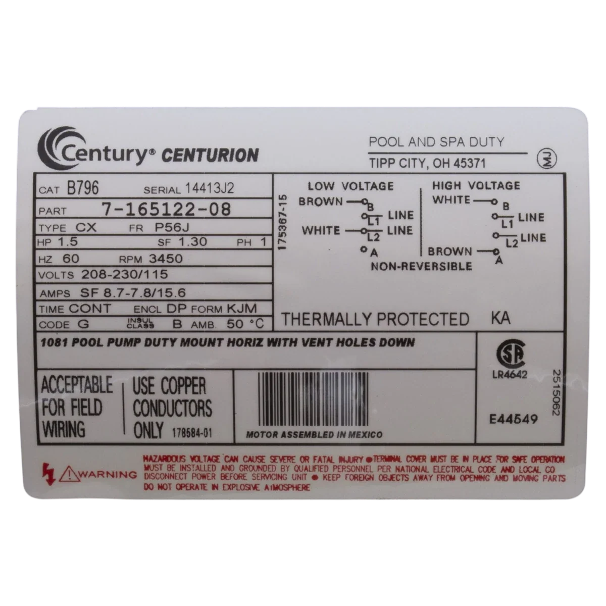 Century 1.5 HP 56J Pool Pump Motor (B796) — product label