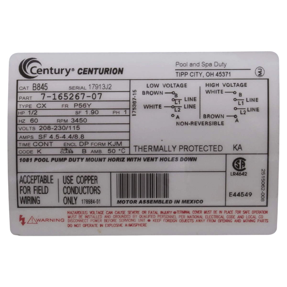 Century Centurion 1/2 HP Square Flange Motor (B845) — product label