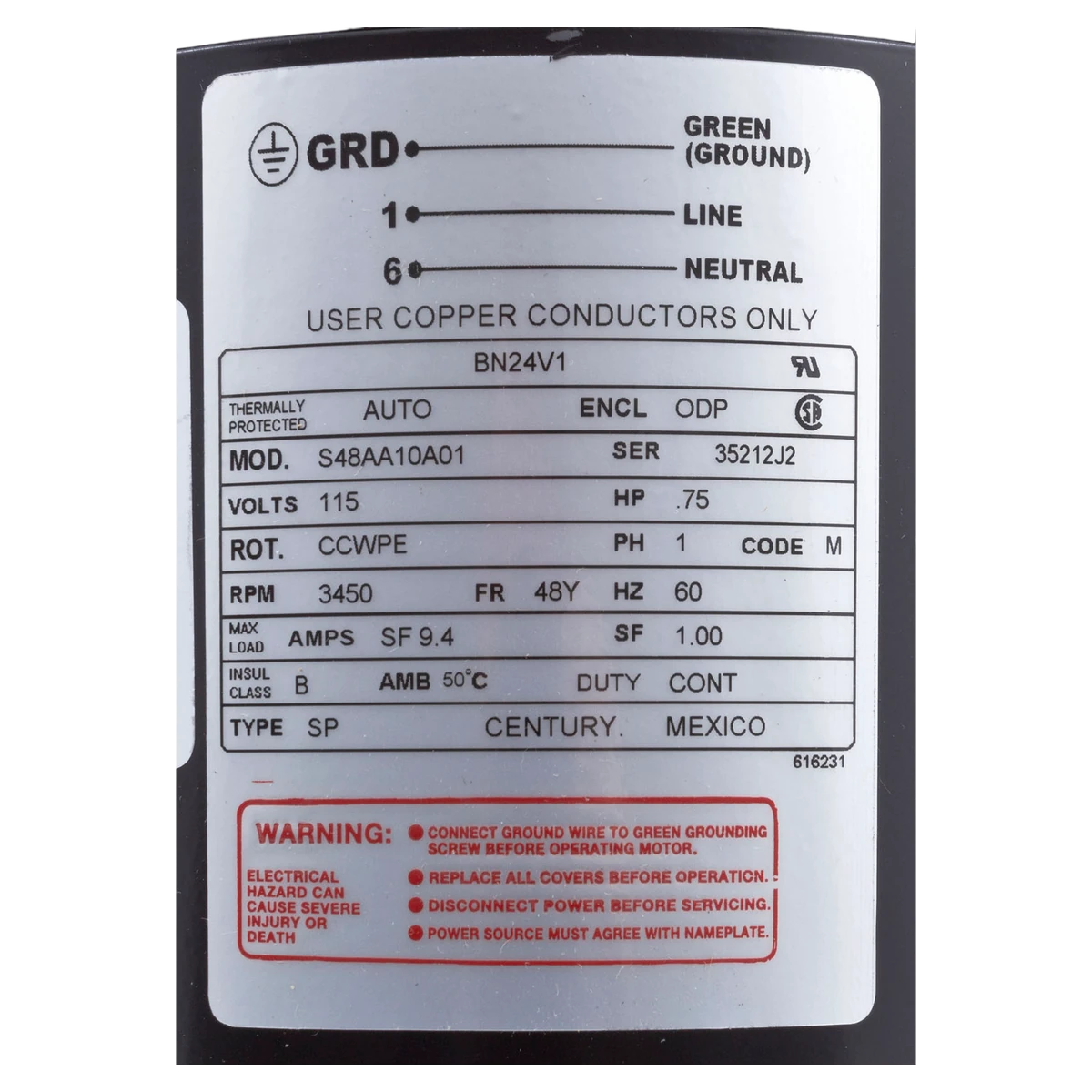 Century Flex 48 Pump Motor 3/4 HP (BN24V1) — product label