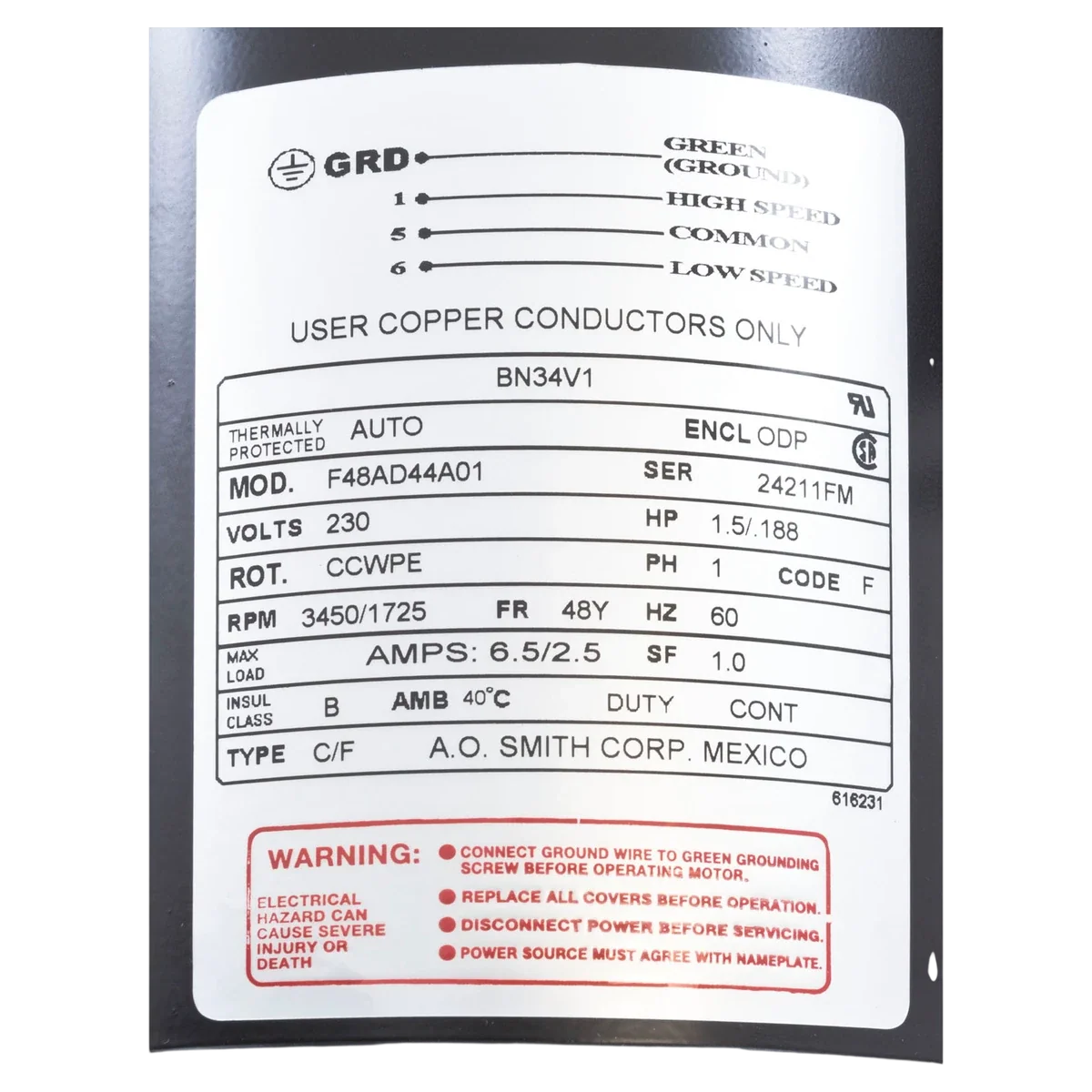 Century 1.5HP 2-Speed 48Y Pump Motor (BN34V1) — product label