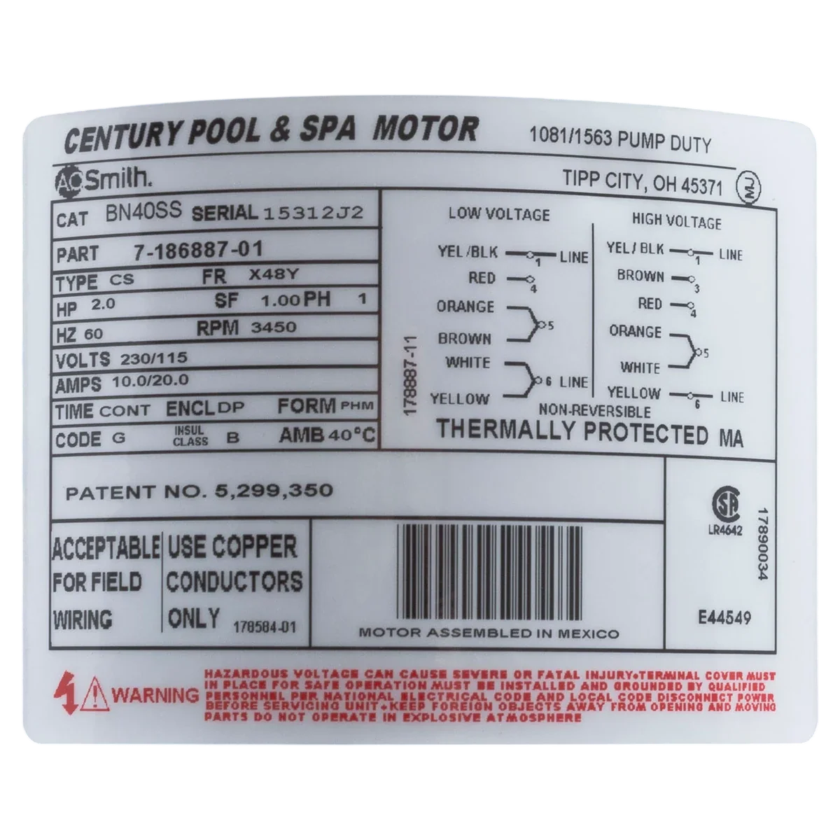 Century 48Y Thru-Bolt 2HP Pump Motor (BN40SS) — product label