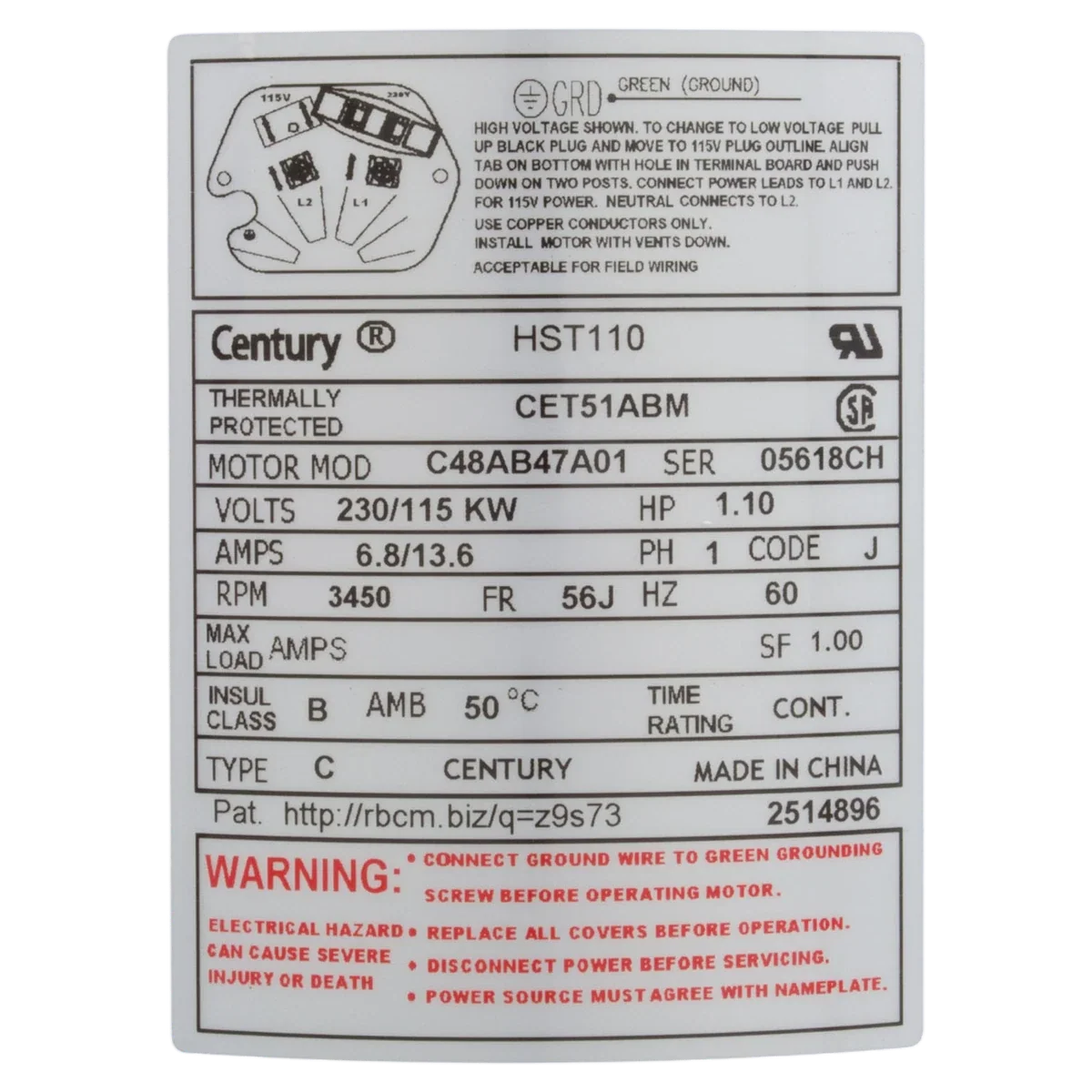 Century Centurion Pro Pump Motor 1.1 HP 56J (HST110) — product label