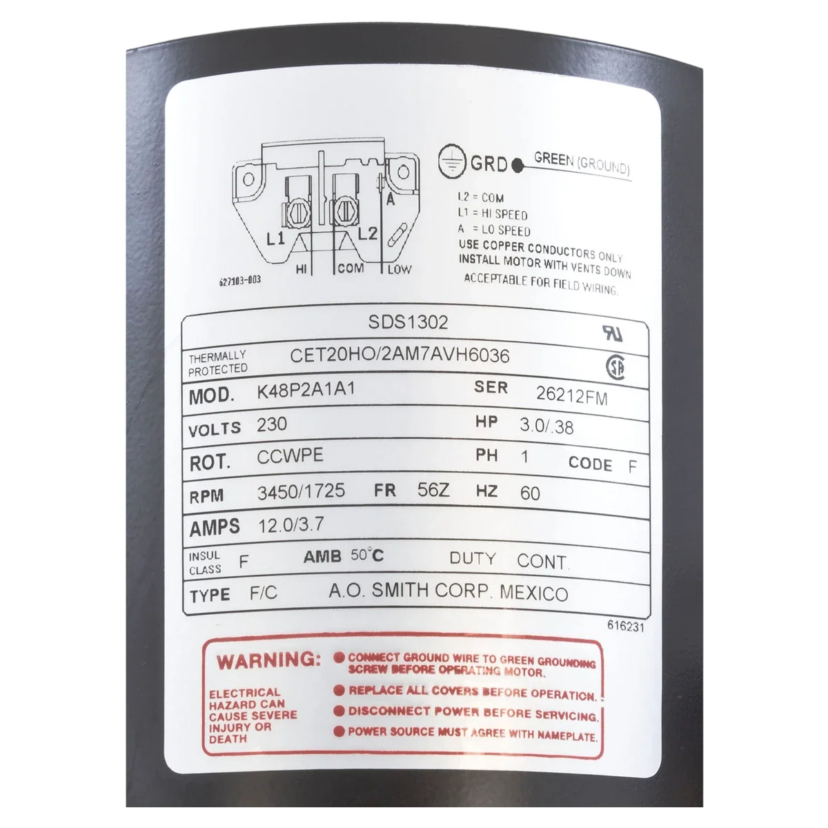 Century Spa Pump Motor 3 HP 56Z (SDS1302) — product label