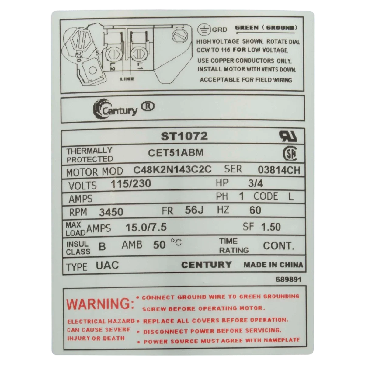 Century Pool Pump Motor Threaded Shaft 3/4HP 56J (ST1072) — product label
