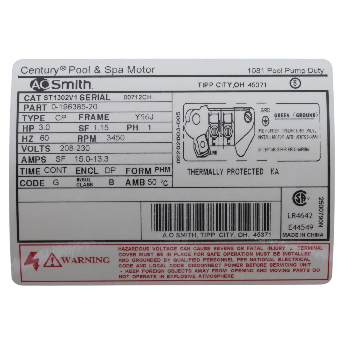 Century Pump Motor 3HP 1Ph 56J Frame (ST1302V1) — product label