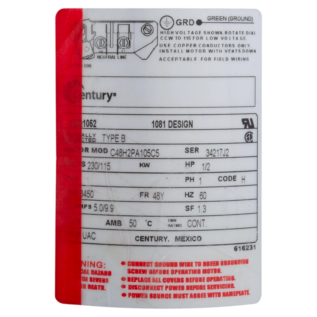 Century 1/2 HP 48Y Square Flange Pump Motor (USQ1052) — product label