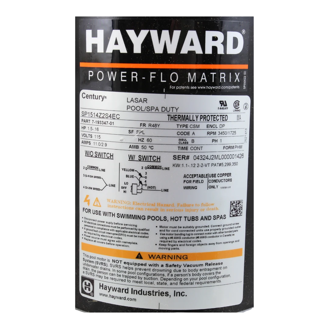 Hayward PowerFlo Matrix 2-Speed Above-Ground Pool Pump, 1.5HP, Nameplate View - EZ Pools