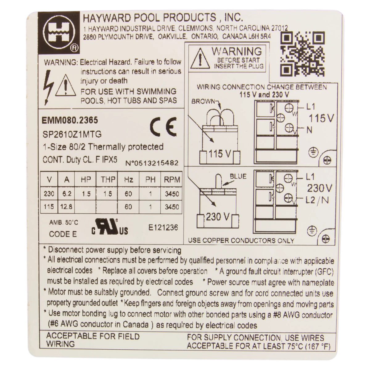 Hayward Super Pump TEFC Motor 1.5 HP (SPX2610Z1MTG) — product label