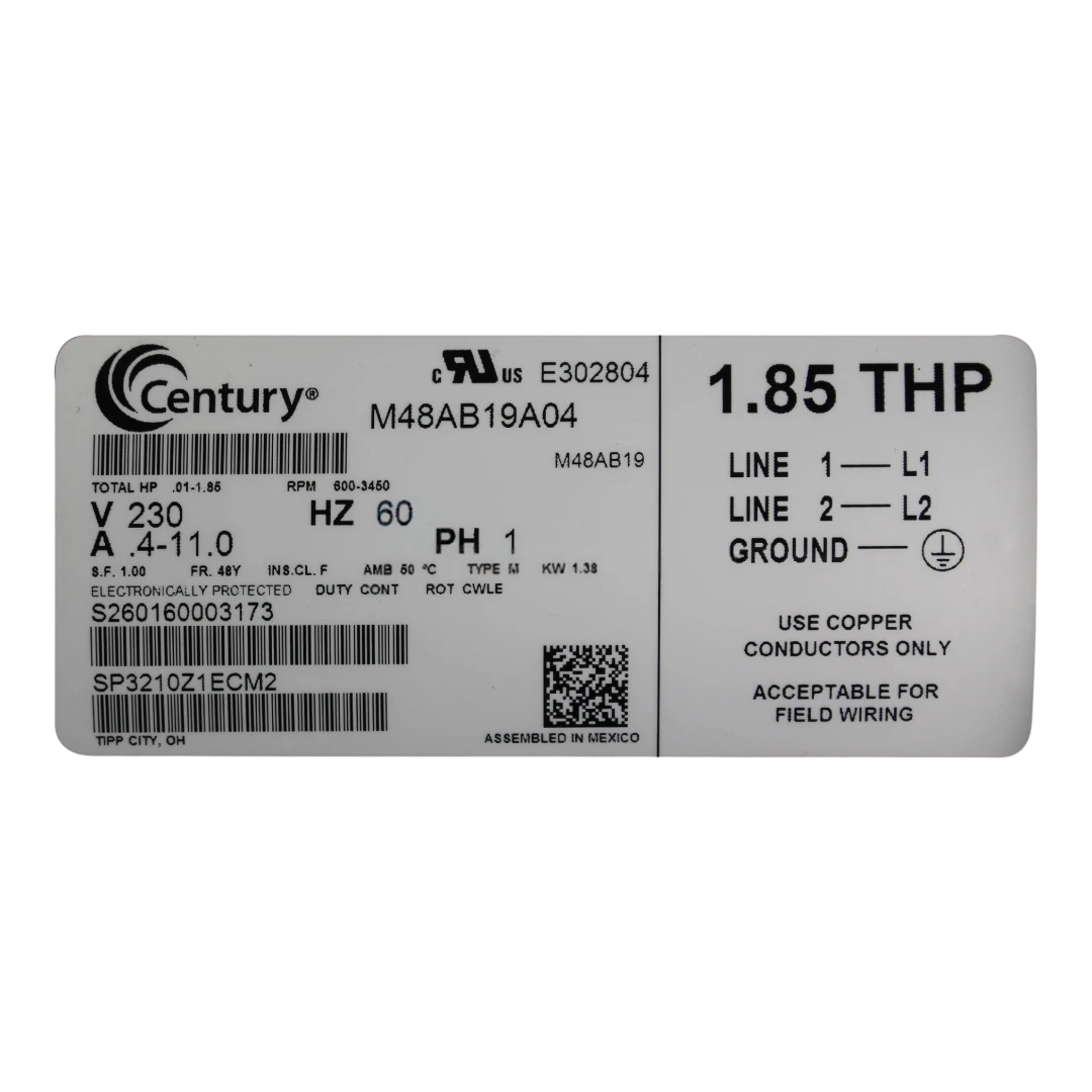 Hayward TriStar VS 1.85HP Motor Nameplate
