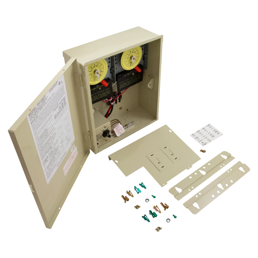Intermatic PF1202T metal enclosure with timers, stickers, and wiring components