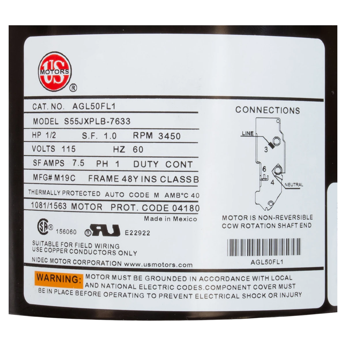 Nidec Motor Corp/US Motors 0.5HP 115V 1-Speed 48Y Pool Motor (AGL50FL1) — product label