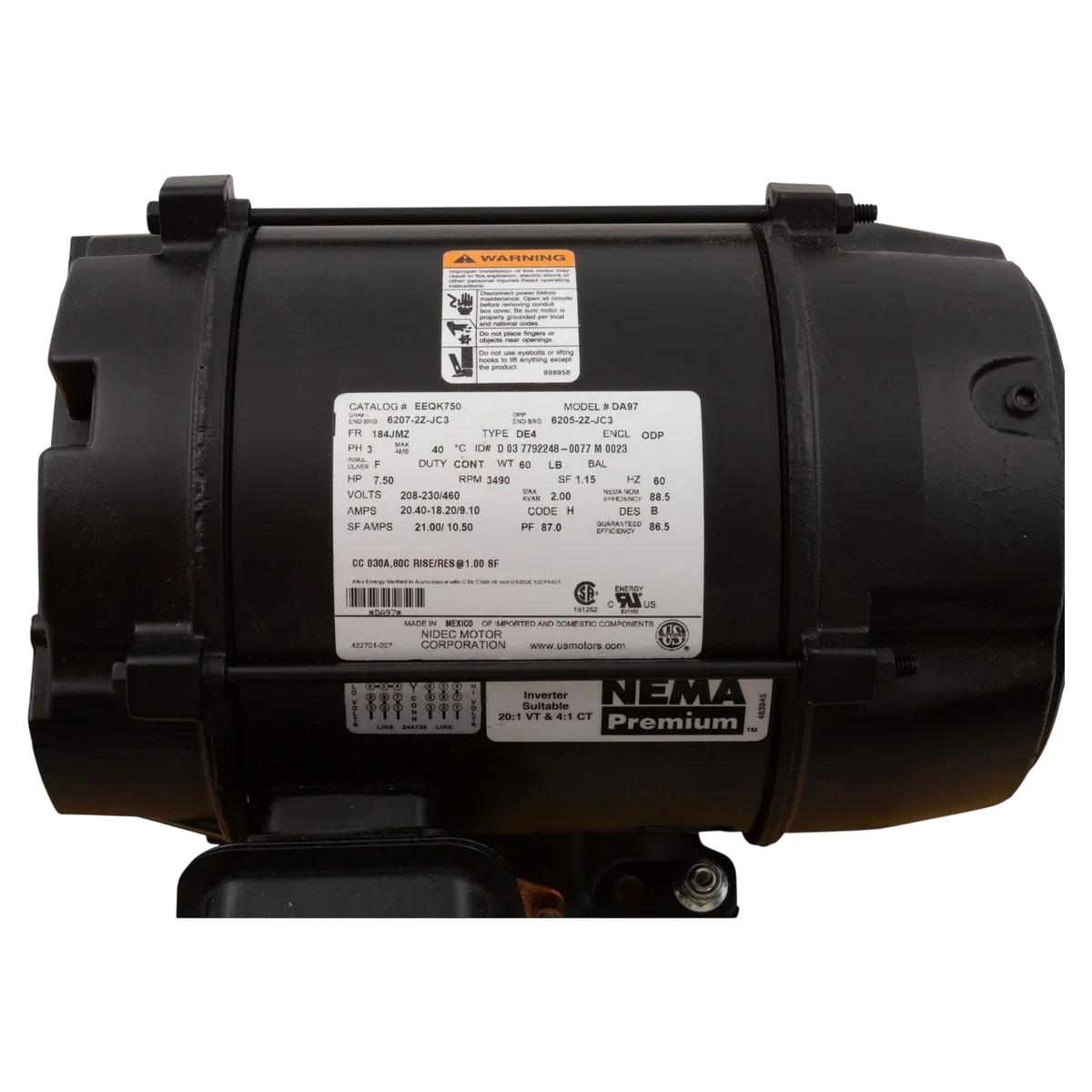 Nidec Motor Corp/US Motors EQ Series 7.5 HP 3-Phase Motor (EEQK750) — product label