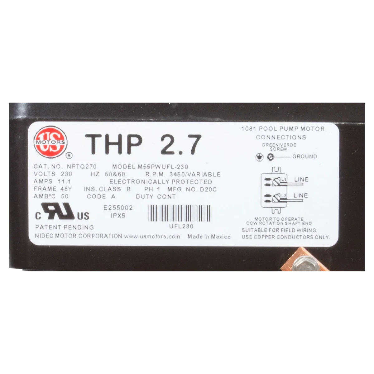 Nidec Motor Corp/US Motors Neptune Variable Speed Motor (NPTQ270) — product label