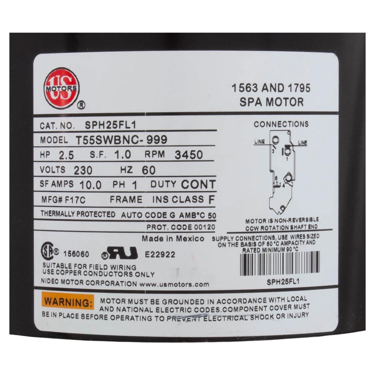 Nidec Motor Corp/US Motors Nidec/US Motors 2.5HP 48Y Thru-Bolt Motor (SPH25FL1) — product label