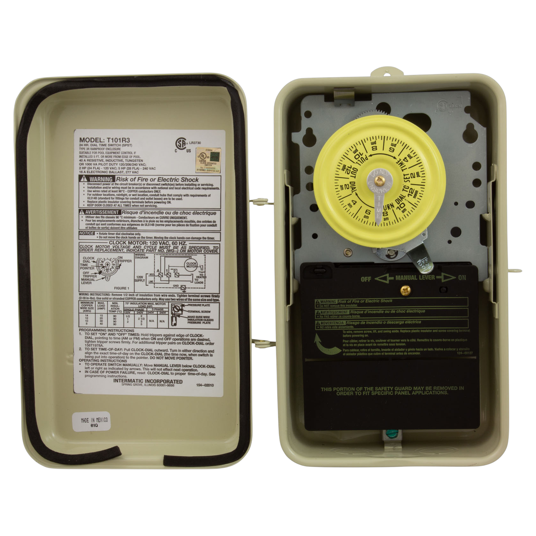 Open Intermatic T101R3 mechanical timer with yellow dial