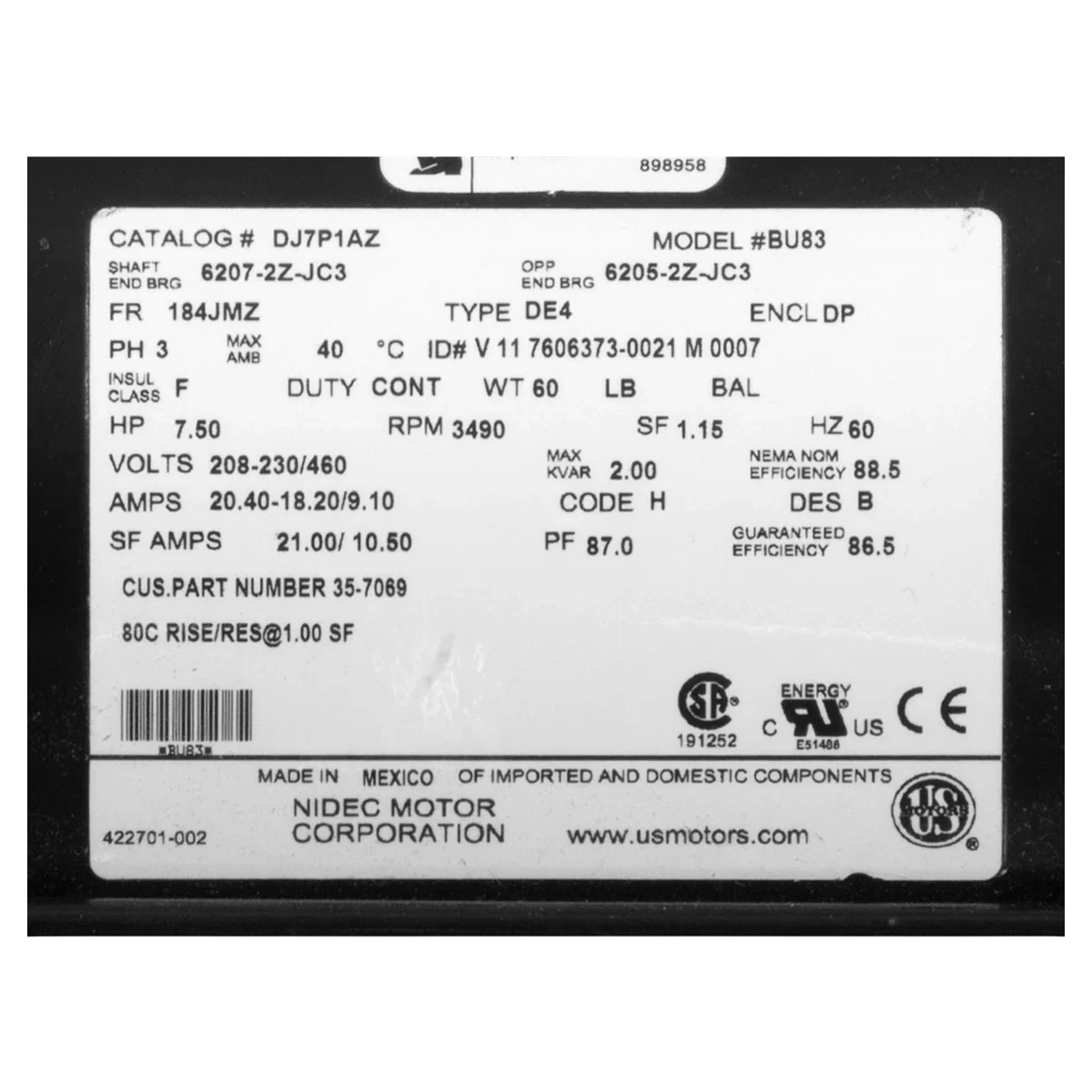 Pentair EQ Series 7.5 HP Three-Phase Motor (357069S) — product label