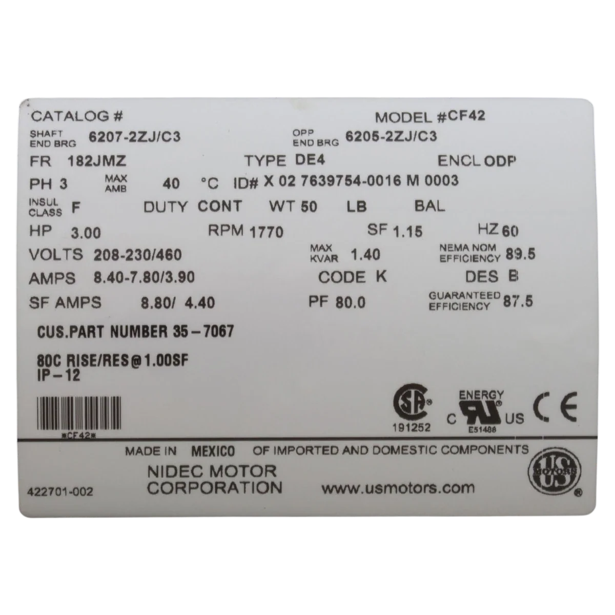 Pentair Pool Products EQ Series 3HP Pump Motor (357067S) — product label