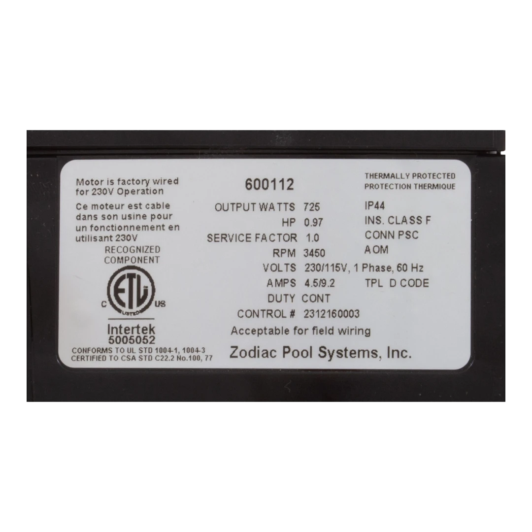 Polaris R0734200 Booster Pump Motor Label